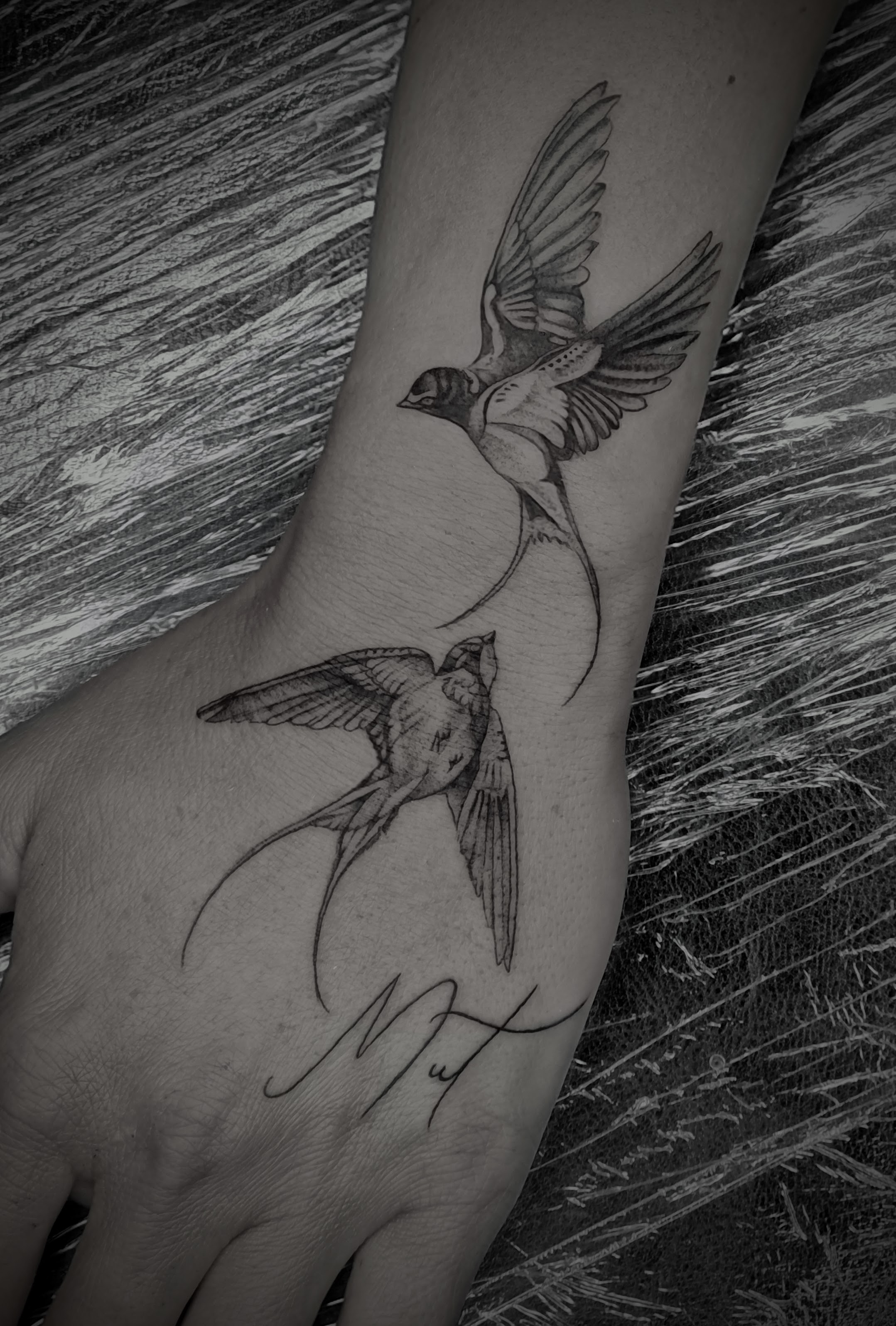 Zwei filigrane Schwalben Tattoos in Schwarz auf Hand und Unterarm