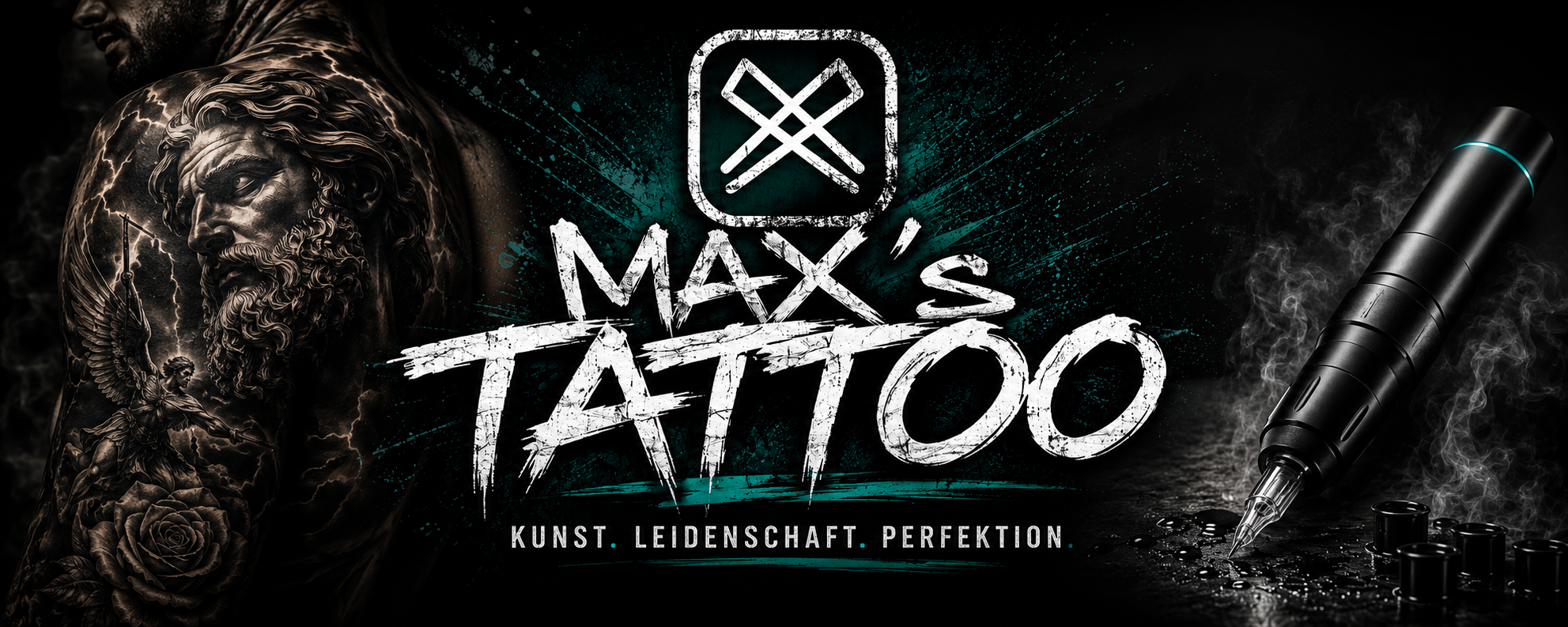 Werbung fuer Max's Tattoo mit taetowiertem Mann und Tattoomaschine in Schwarz